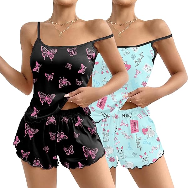 HGps8w Women's Pajamas Sets Cute Heart Print Cami Top & Shorts Pjs